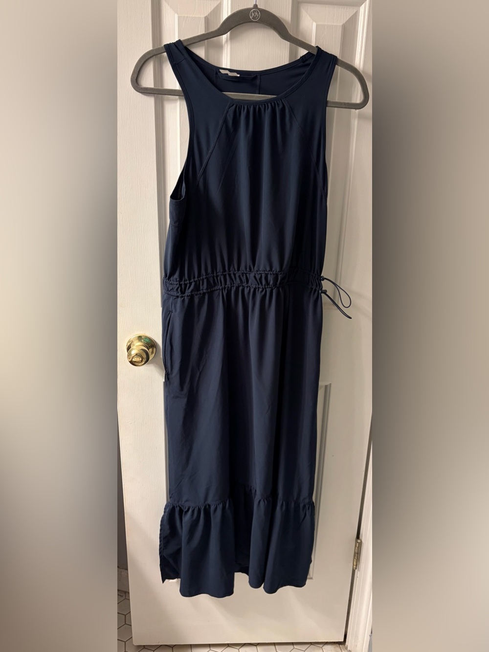Zella Navy Drawstring Waist Ruffle-Hem Maxi Dress
